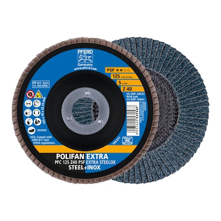 Pferd 5" x 7/8" A.H. POLIFAN Flap Disc - Z PSF EXTRA STEELOX, Zirconia, 40 Grit, Conical 60633